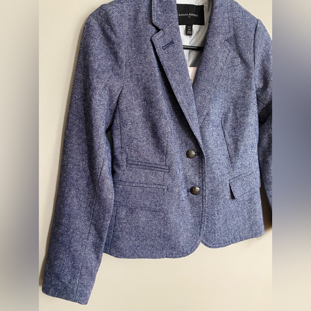 NWT Banana Republic Academy Tweed Blazer Wool Blend Blue Size 0 Petite - Picture 2 of 14